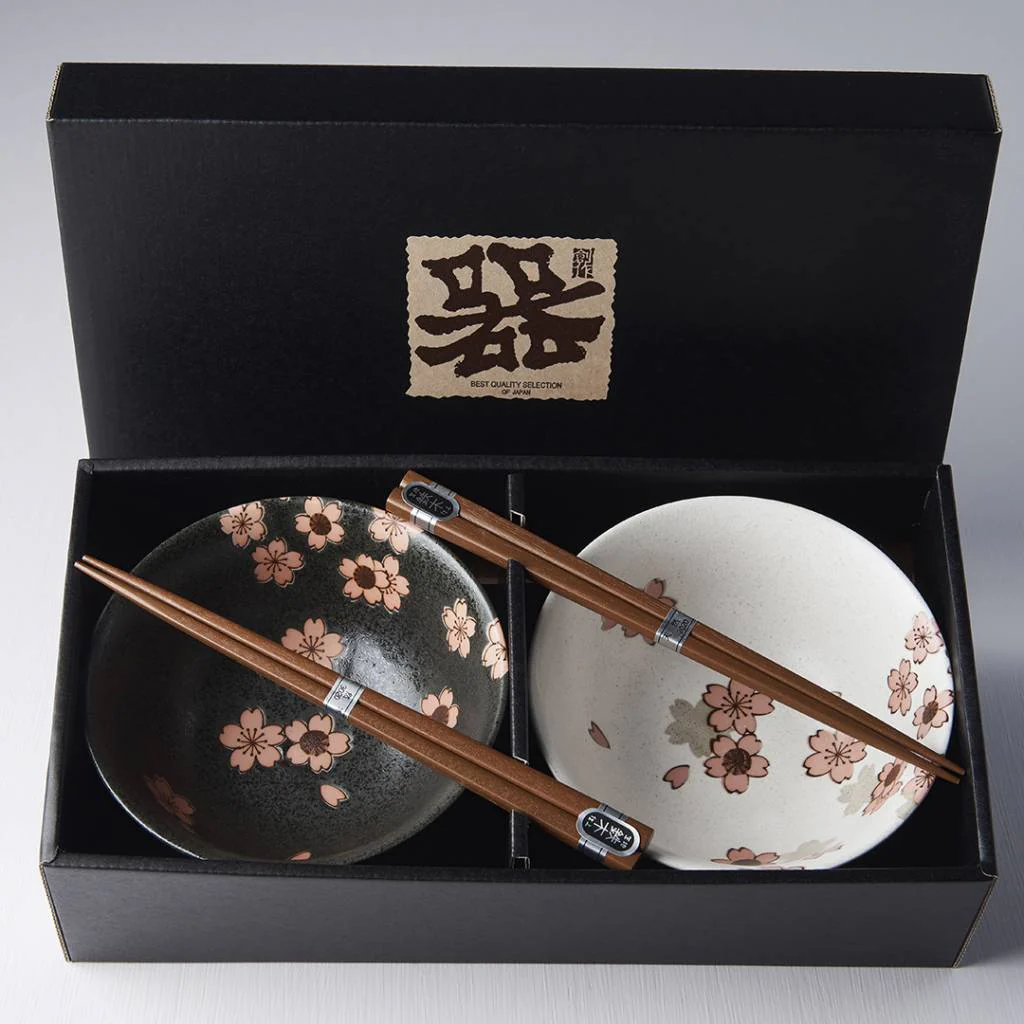 Black & white with pink sakura 2 piece boxed bowl set 15cm