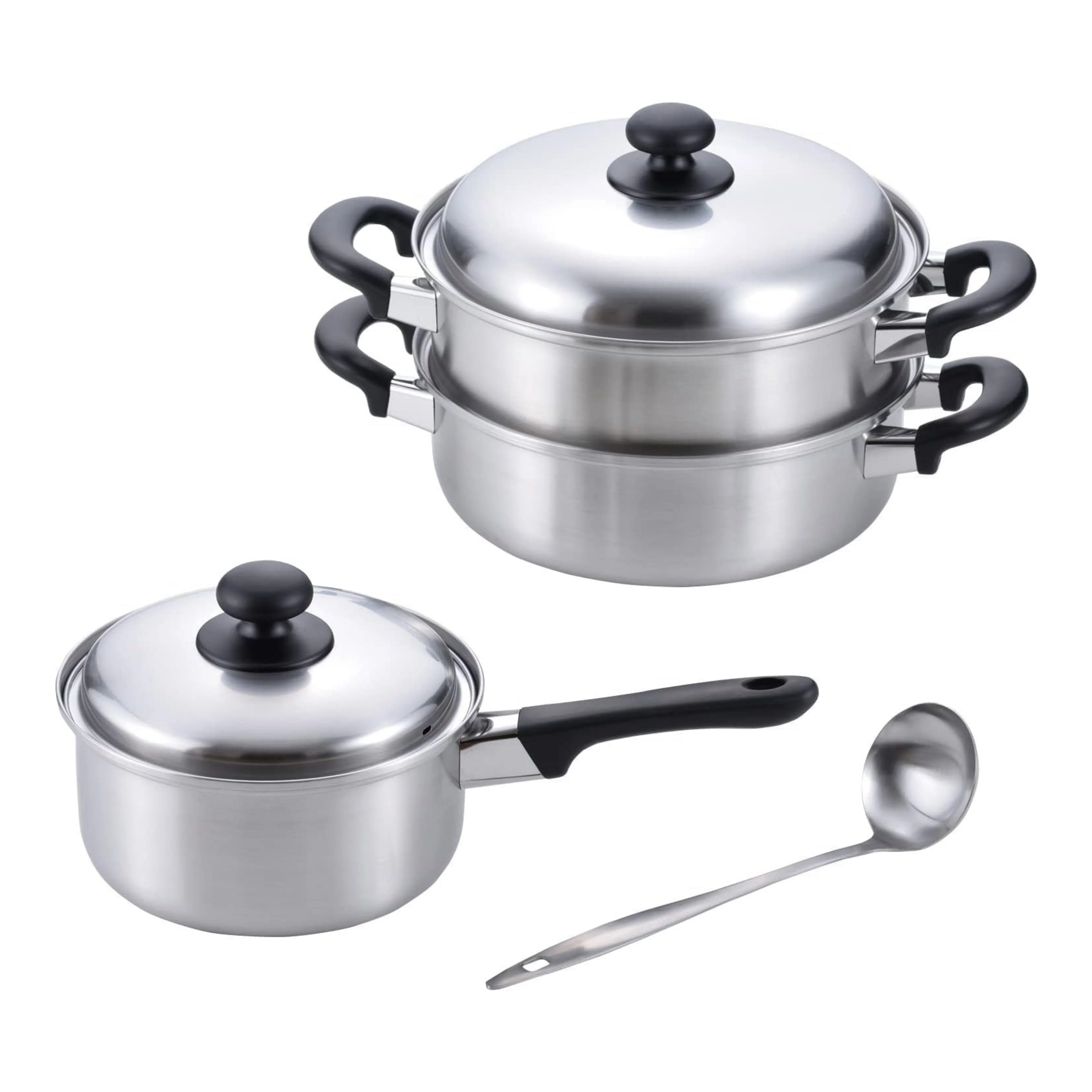 Enzo Classic Stainless Steel Saucepan & Two-Tier Steamer Set with Ladle